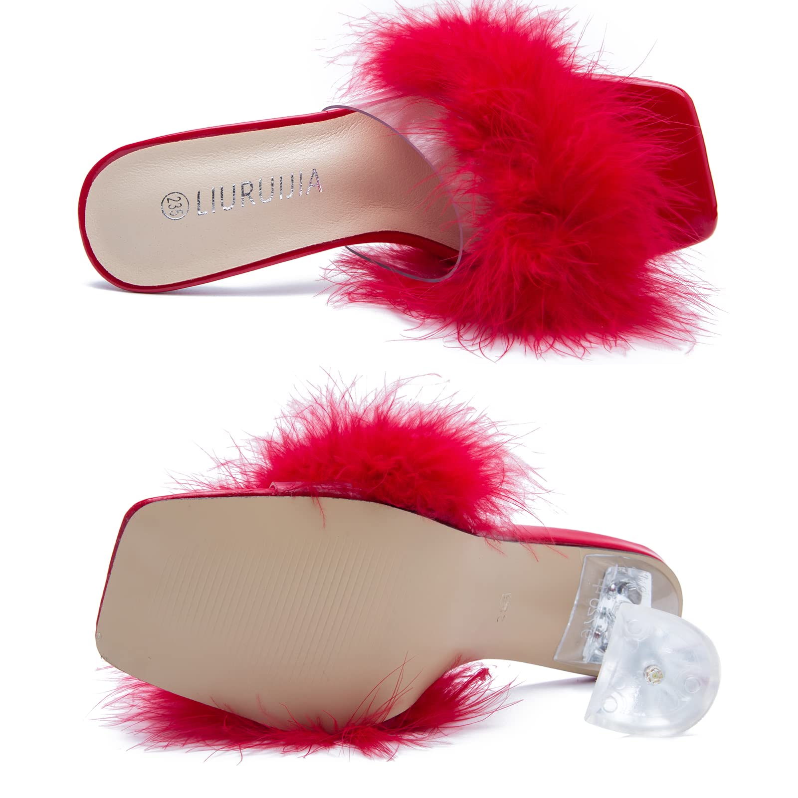 LIURUIJIA Feather High Heel Mules Sandals for Women Slip On Square Toe Clear Tapered Chunky Heels Fuzzy Fluffy Bridal Wedding Party Sexy Shoes Red