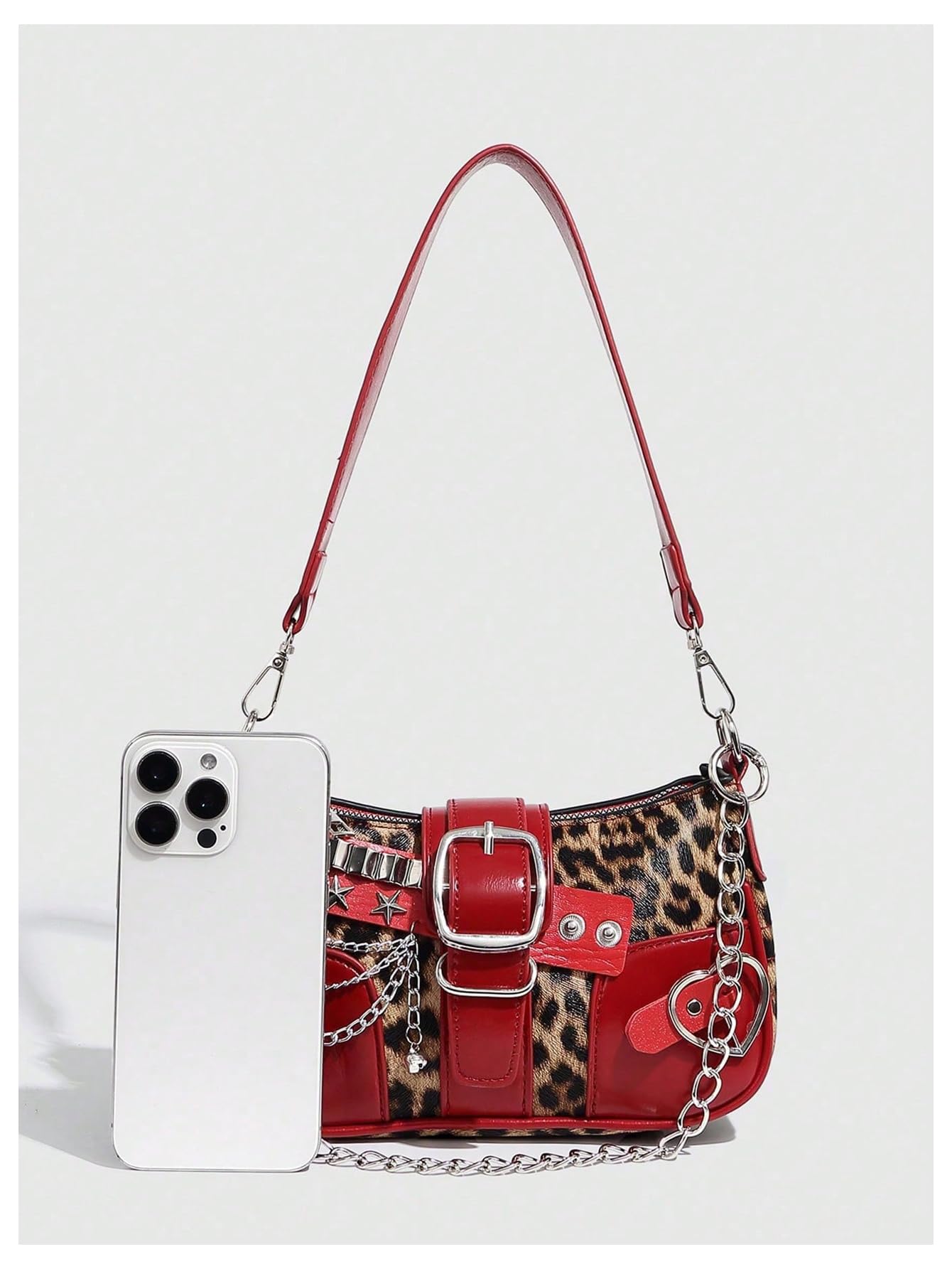 QWINEE Women's Studded Shoulder Bag Y2k Chain Clutch Purses Vintage Buckle Leather Underarm Bag Brown and Red One Size