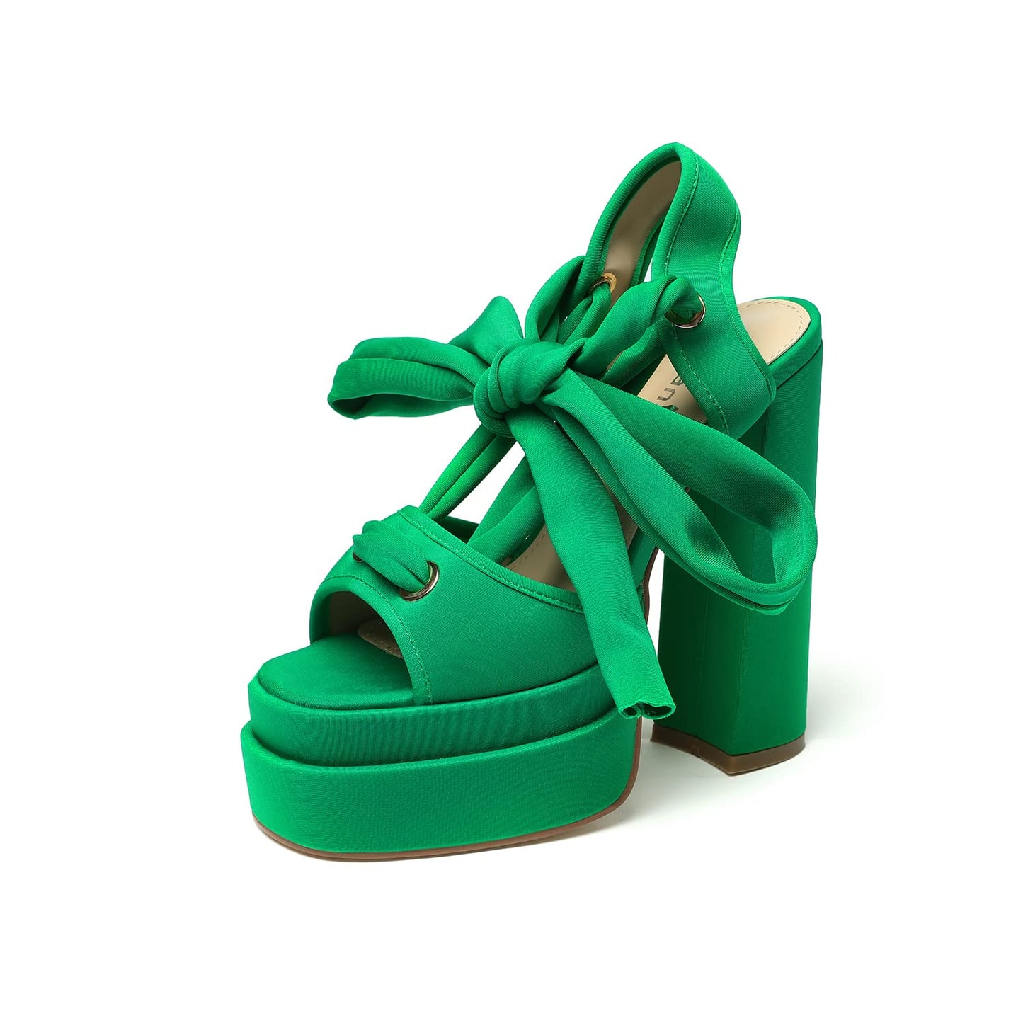 Green vivianly Lace Up Platform Ankle Strap Heeled Sandals Satin Square Toe Chunky Block High Heels for Women