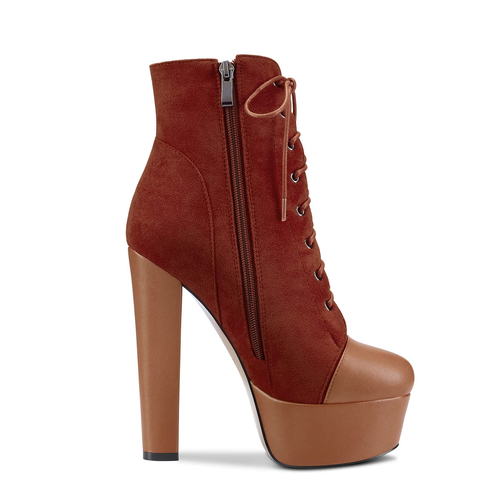 DearOnly Women Chunky Block Platform High Heel Round Toe Ankle Boots Short Bootie Zipper Party Cute Boots Brown