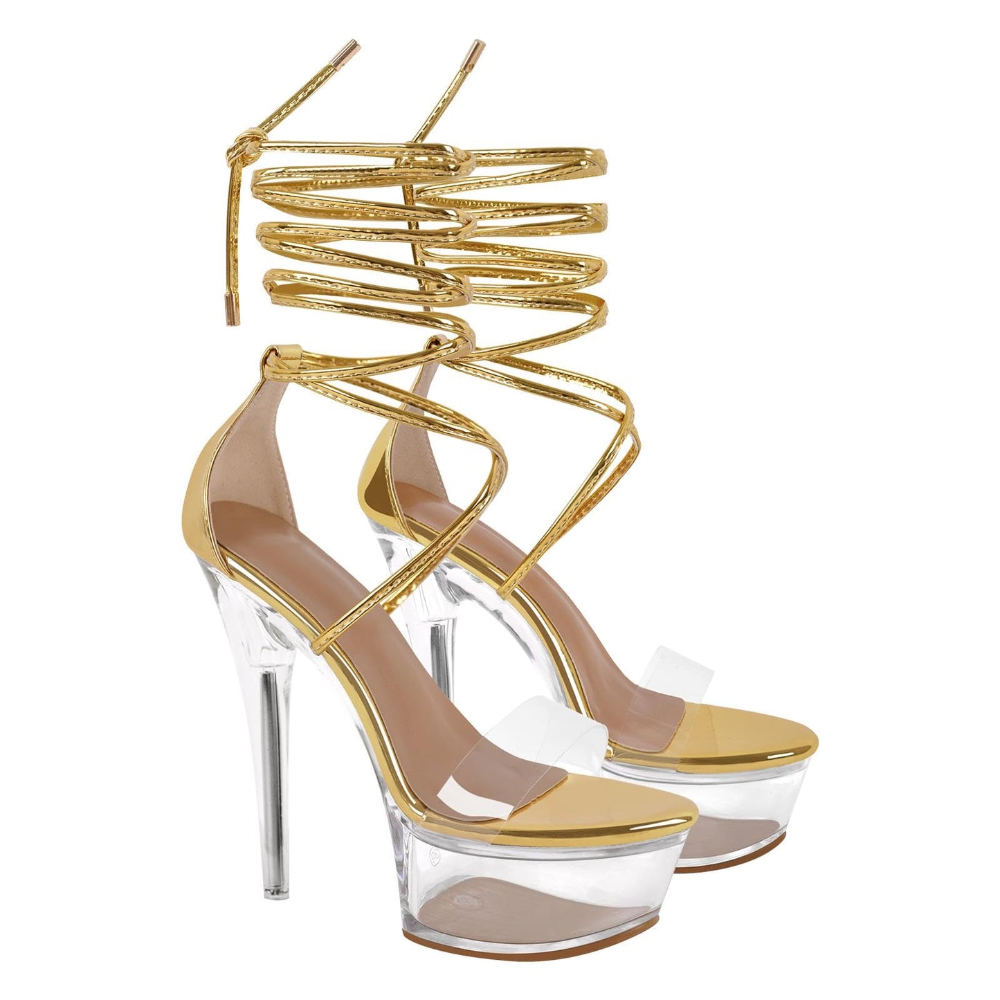 MissHeel Tie Up Platform Heels Clear Ankle Wrap Sandals for Women Gold Stiletto High Heels 6 inch Sexy Party Dancing