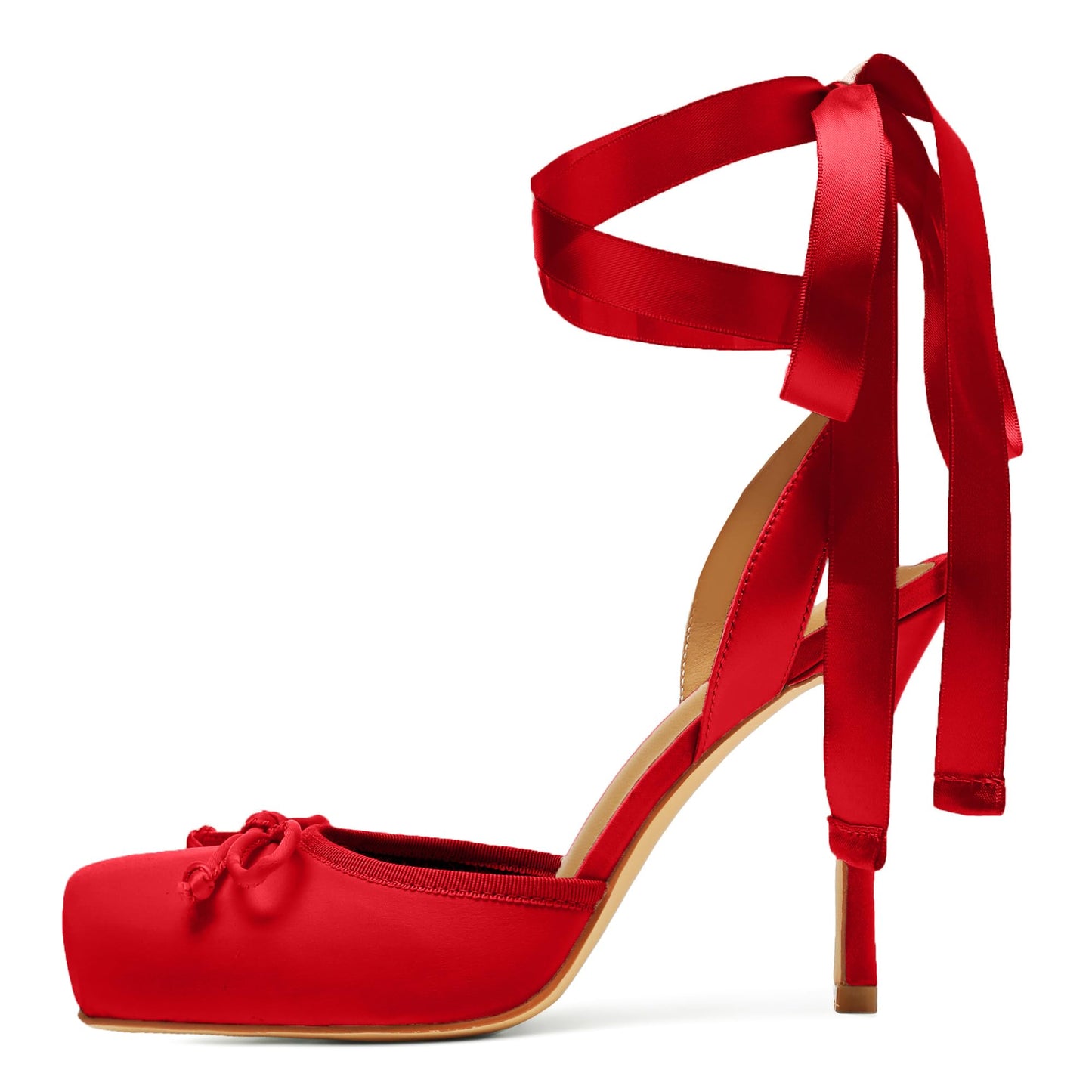 Riekhany Satin Ballet Heels for Women Closed Square Toe Bow Ballerina Heels Lace Up High Heel Slingback Pumps Strappy Stiletto Mary Janes Elegant Party Shoes Red