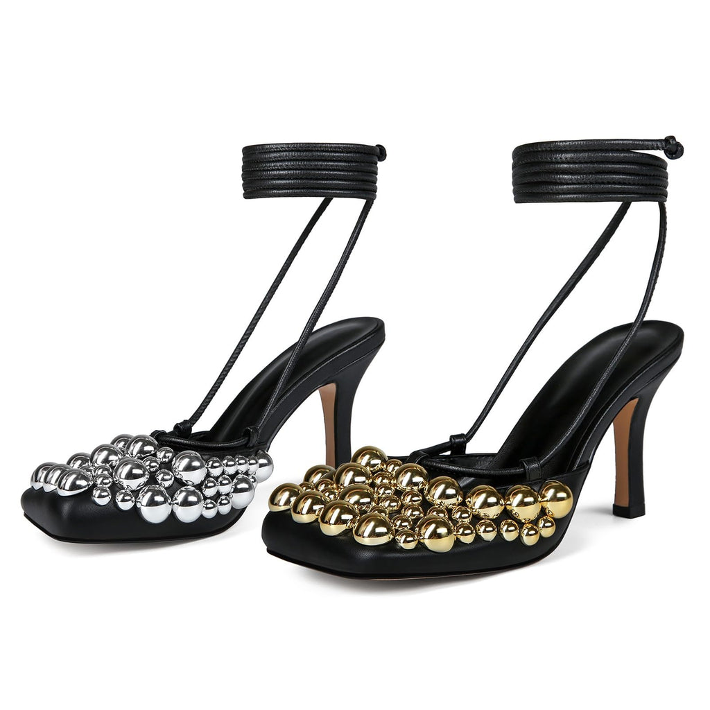 Saint Leia Women's 4IN High Heel Sandals Nude Stiletto Pumps with Gold Silver Pearls Heels for Weddings Parties and Evening Wear (Black Gold Silver,