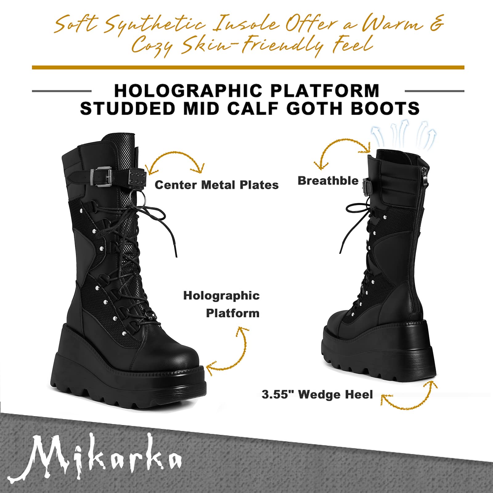 Black mikarka Womens Holographic Platform Mid Calf Wedge Combat Boots