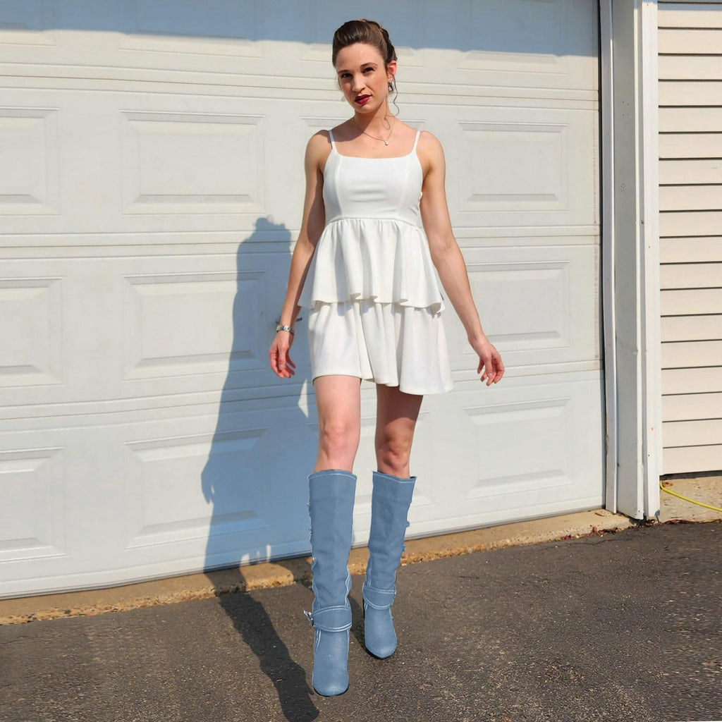Uniquelly Womens Denim Knee High Boots Stiletto High Heel Mid Calf Slip On Round Toe Classic Retro Winter Shoes (light blue,US7)