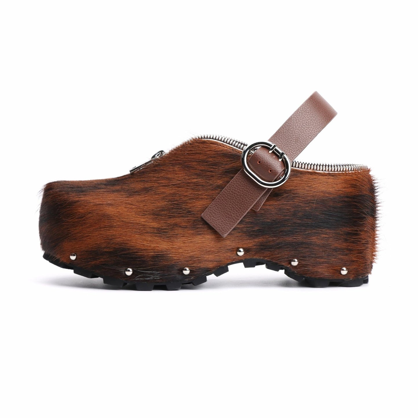 XOBZJH Women’s Natural Cow Print Fur Platform Clogs with Decorative Zipper & Adjustable Buckle Strap – Western Slip-On Punk Rivet Mules with Arch Support, Chunky Retro Rustic Style