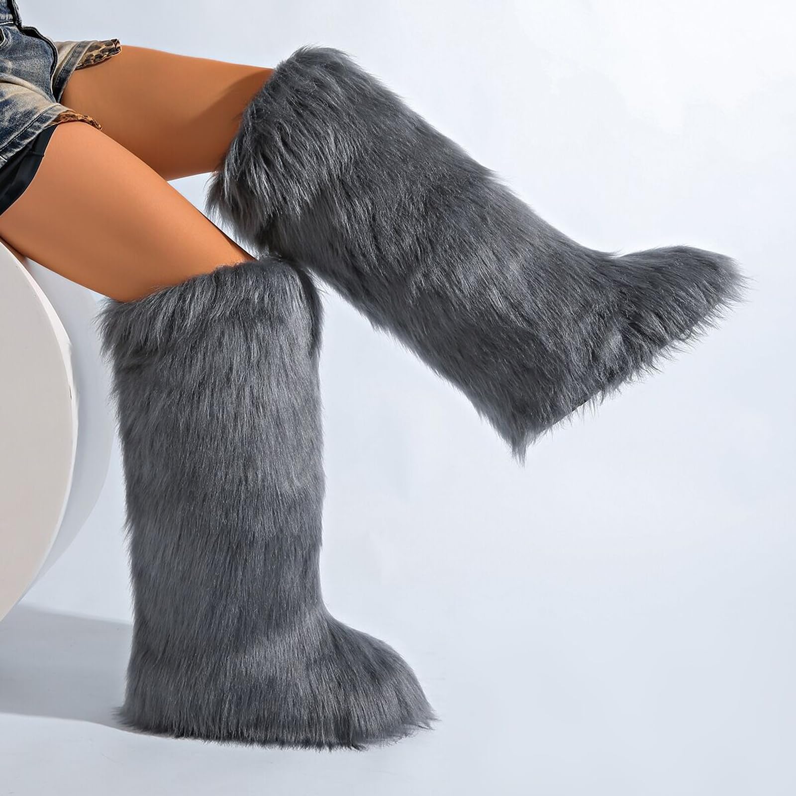 Valpeak Womens Faux Fur Boot Winter Fluffy Long Furry Boots for Girls Outdoor Fuzzy Knee-High Boots(Dark Grey