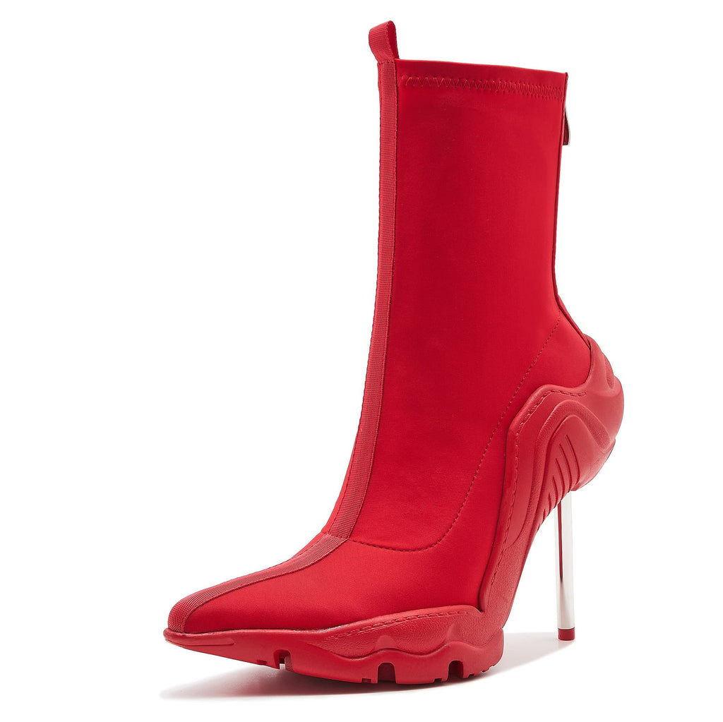 Tsrenlmln Women's Ankle Boots High Heel Boots for Women Fashion Pointed Toe Stiletto Boots Womens Elastic Fabric 8cm Heel Pull-On Short Boots Red Boots