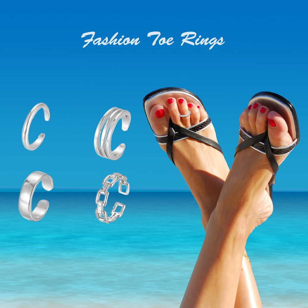 PWUEITR 4Pcs/1Set Adjustable Gold Silver Toe Rings for Women Knuckle Tail Ring Simple Summer Beach Open Toe Rings Set Foot Jewelry,silver