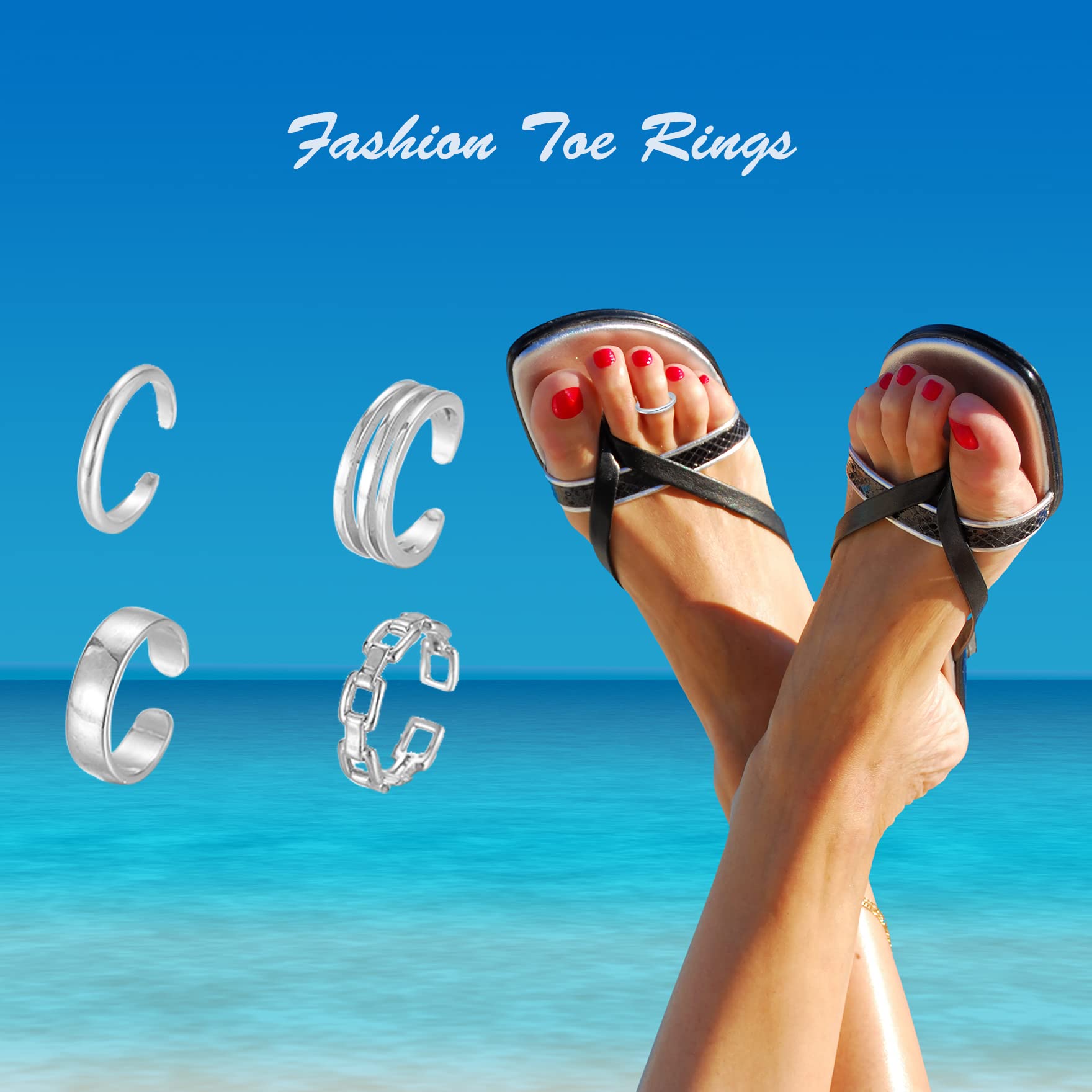 PWUEITR 4Pcs/1Set Adjustable Gold Silver Toe Rings for Women Knuckle Tail Ring Simple Summer Beach Open Toe Rings Set Foot Jewelry,silver