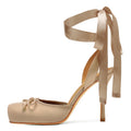 Riekhany Satin Ballet Heels for Women Closed Square Toe Bow Ballerina Heels Lace Up High Heel Slingback Pumps Strappy Stiletto Mary Janes Elegant Party Shoes Nude