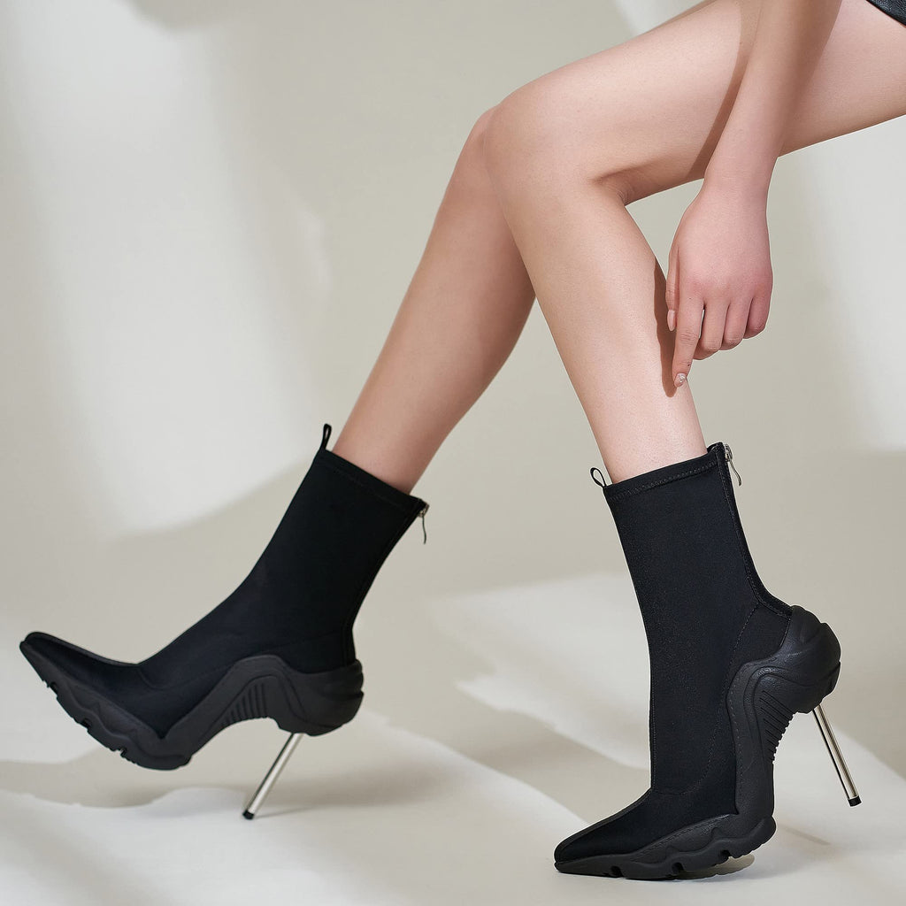 Tsrenlmln Women's Ankle Boots High Heel Boots for Women Fashion Pointed Toe Stiletto Boots Womens Elastic Fabric 8cm Heel Pull-On Short Boots Black Boots