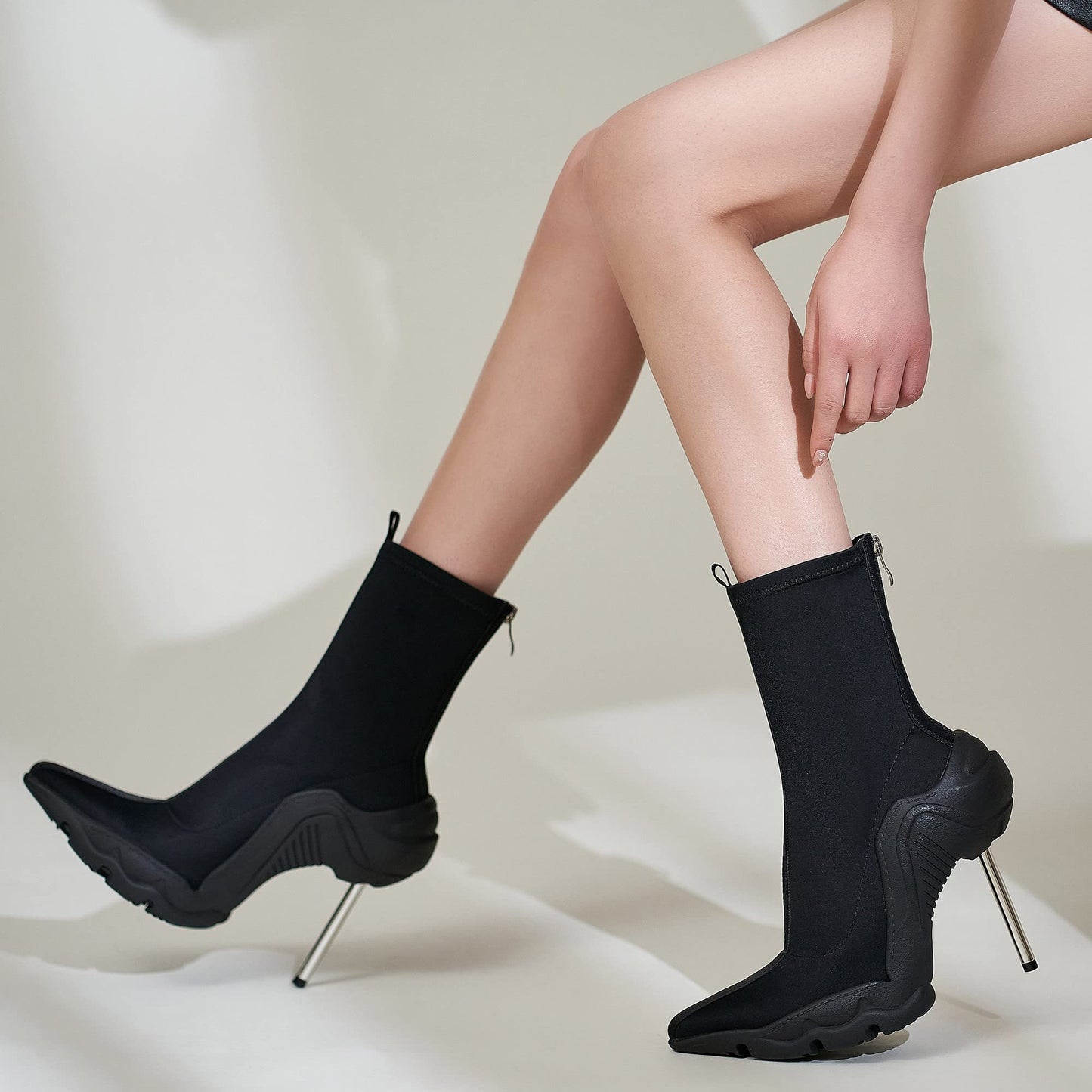 Tsrenlmln Women's Ankle Boots High Heel Boots for Women Fashion Pointed Toe Stiletto Boots Womens Elastic Fabric 8cm Heel Pull-On Short Boots Black Boots