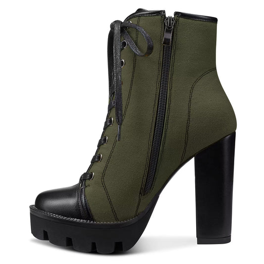 NobleOnly Women High Heel Platform Round Toe Ankle Boots Short Bootie Zipper Lace-up Riding Boots Classic Party Office 5.1 Inches Heels Green