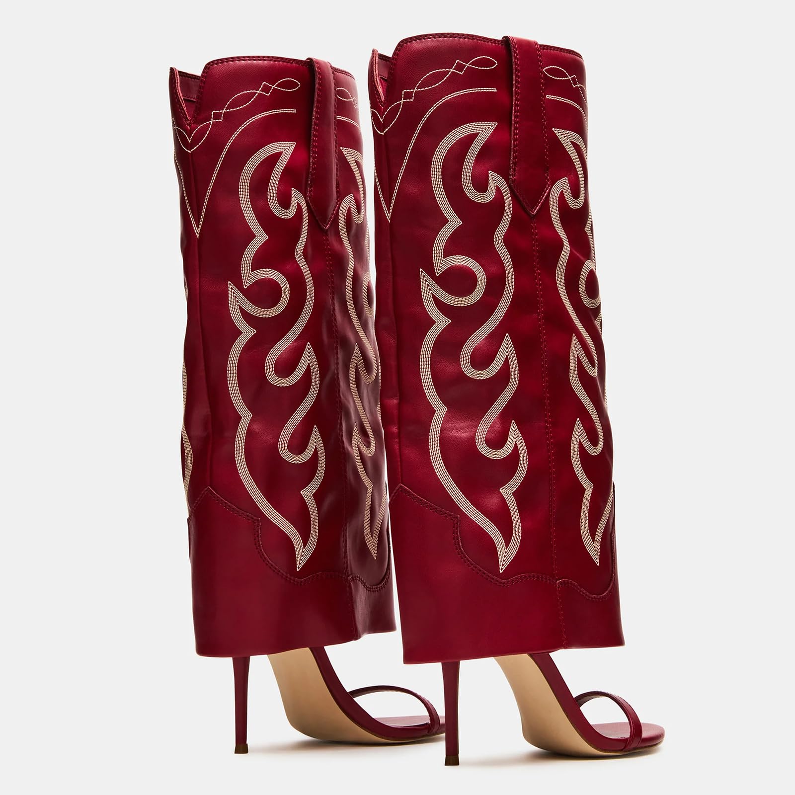 Yishaweiqi Embroidered Knee High Heels for Women Round Open Toe Stiletto Heels Pull On Wide Calf Sandals