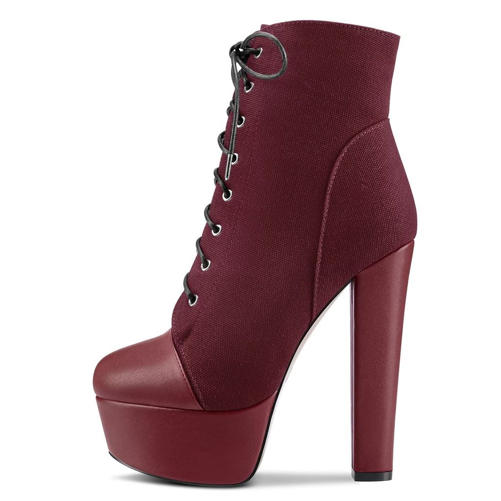 NobleOnly Women Chunky Block Platform High Heel Round Toe Lace-up Zipper Ankle Boots Short Bootie Classic Shoes Burgundy Wine Red