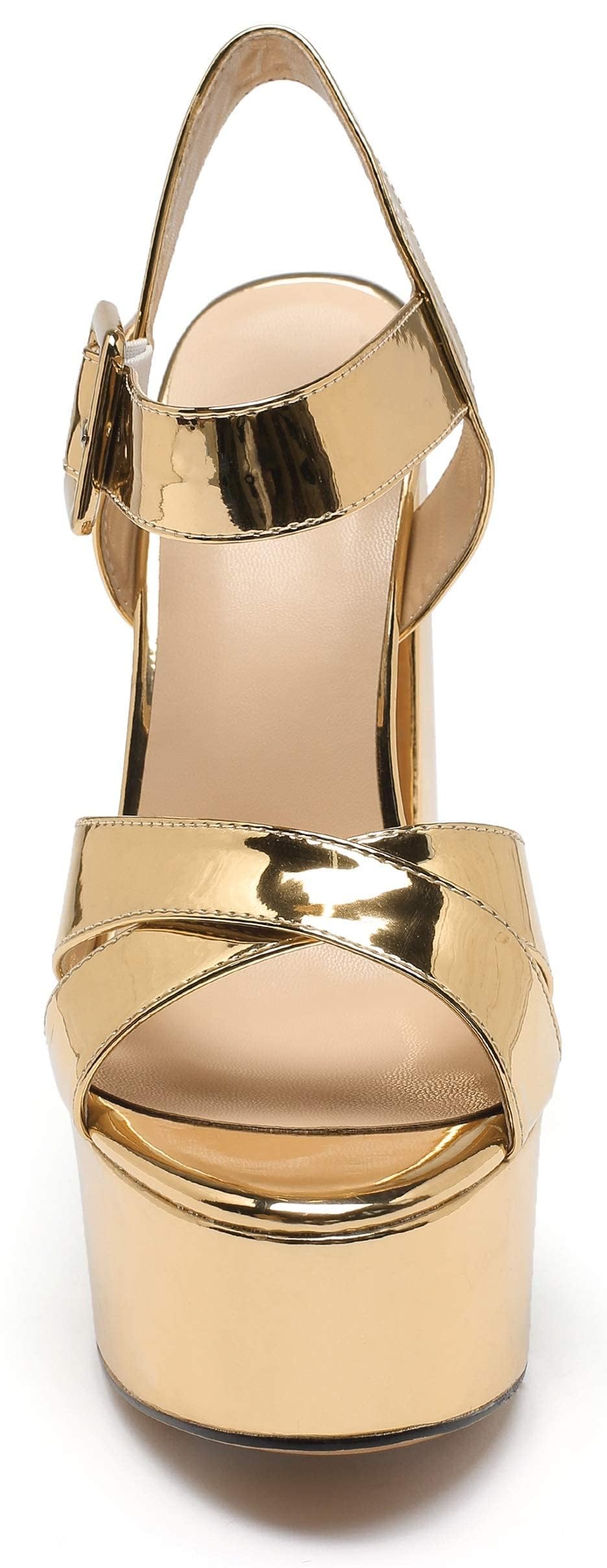 Mettesally Women's Platform Chunky High Heels Dress Sandals Open Toe Ankle Strap Strappy Wedding Bridal Party Dress Shoes for Women Bride Gold US7