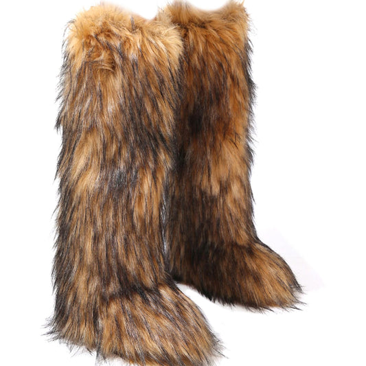 Valpeak Womens Faux Fur Boot Winter Fluffy Long Furry Boots for Girls Outdoor Fuzzy Knee-High Boots(Brown,