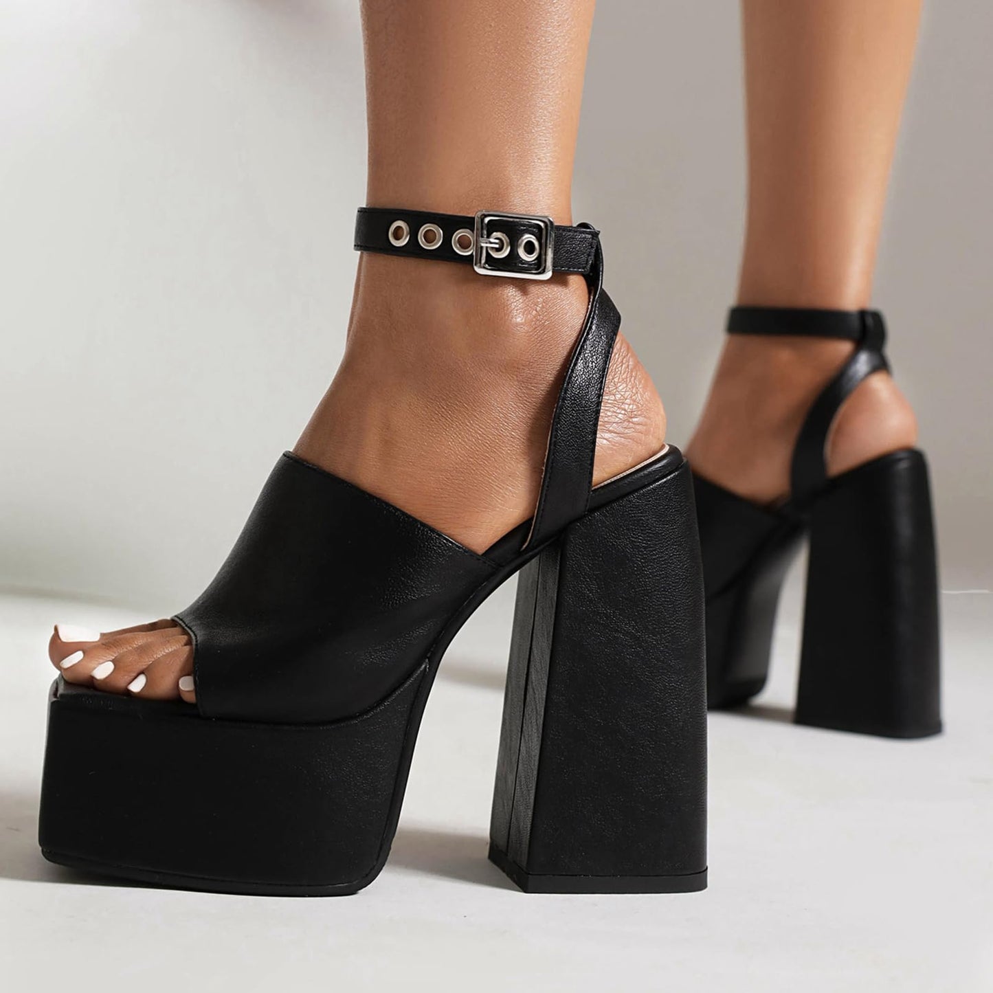 Lizoleor Ladies Fashion Peep Toe Chunky Heel Sandals Ankle Strap Summer Platform Party Shoes High Heels Gothic Dress Black Size 9 US/41