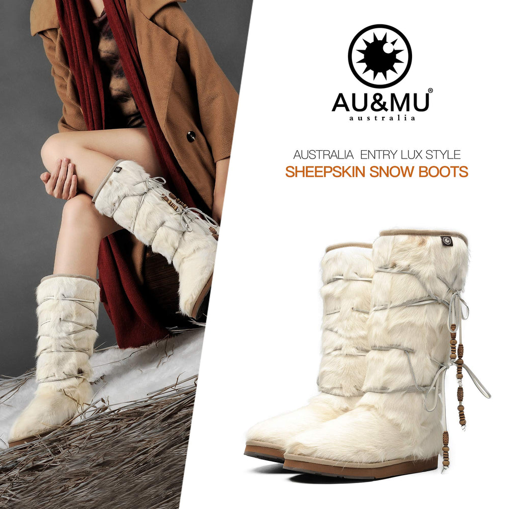 AUMU Womens Comfort Suede Fur Mid-calf Winter Boots White