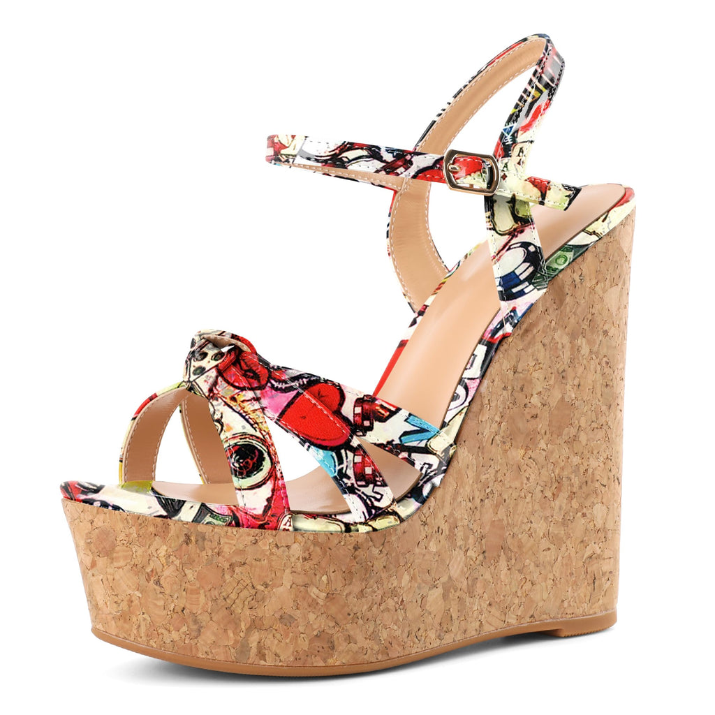 YODEKS Wedge Platform Sandals for Women High Heel Open Round Toe Wooden Heels Dress Shoes Patent Multi-Color