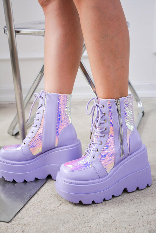 Cape Robbin Holographic Platform Ankle Boots for Women Chunky Block Heels Pointed Toe PU Leather with Buckle Strap Retro Futuristic Style (Radio) - Lilac Size 10