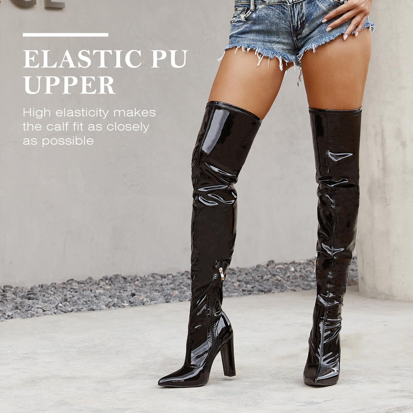 WSKEISP Women's Over The Knee Black Boots Thigh High Leather GOGO Boots Knee High 70s Cosplay Casual Fall Winter