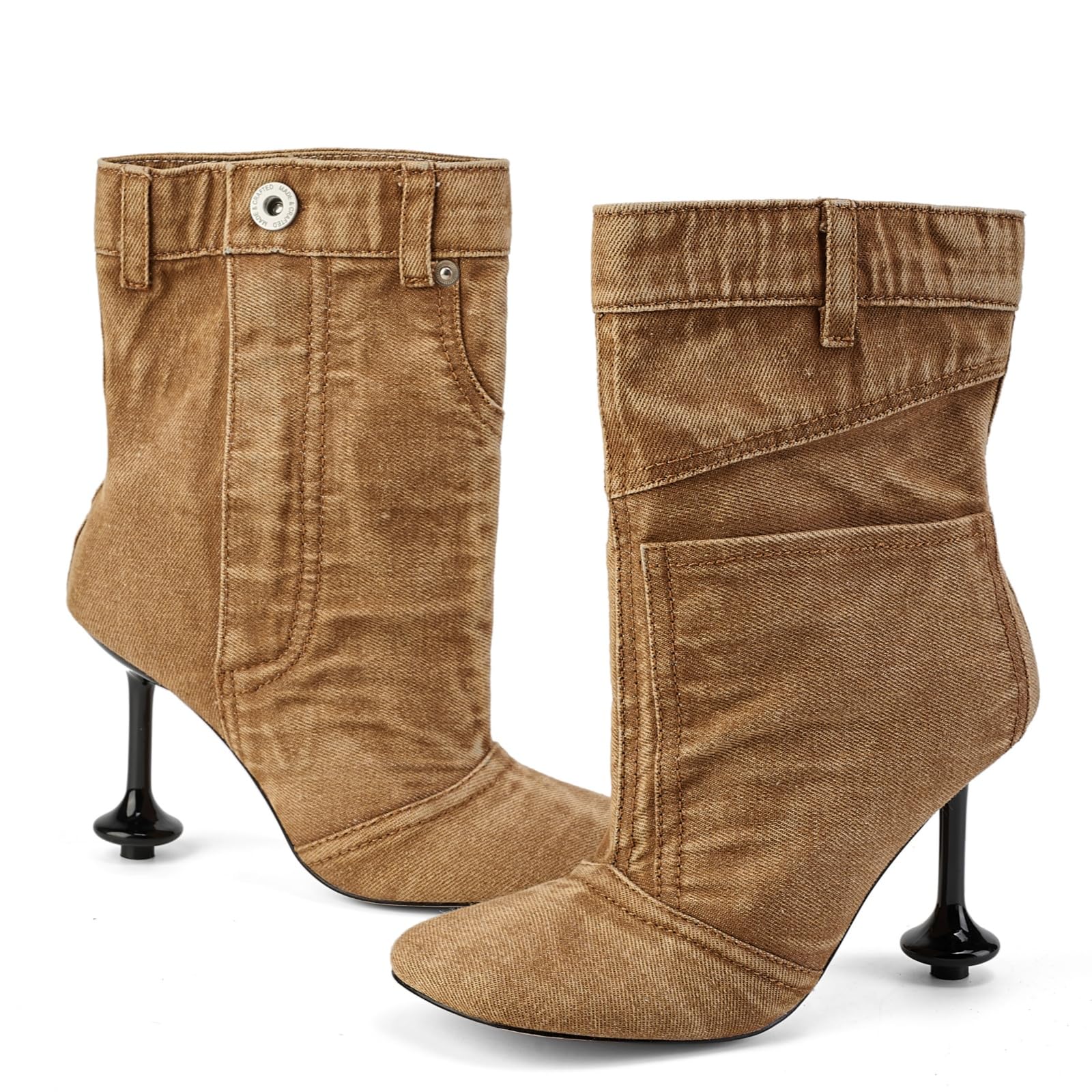 Fuazuzu Vintage Denim Stiletto High Heeled Cowboy Pockets Boots for Women, Mid Wide Calf Round Toe with Metal Button for Fashion Dress Booties, Brown 8
