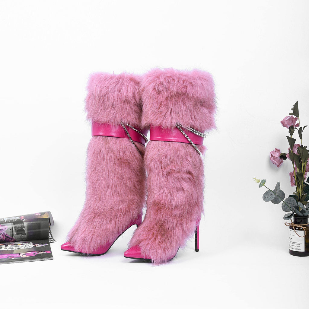 Ouwilov Women’s Pink Faux Fur High Heel Boots – Furry Heel Boots with Chain Detail Fuzzy Stiletto Heels Elegant Winter Fur Boot Heels for Parties Fashion Outfits and Cold Weather
