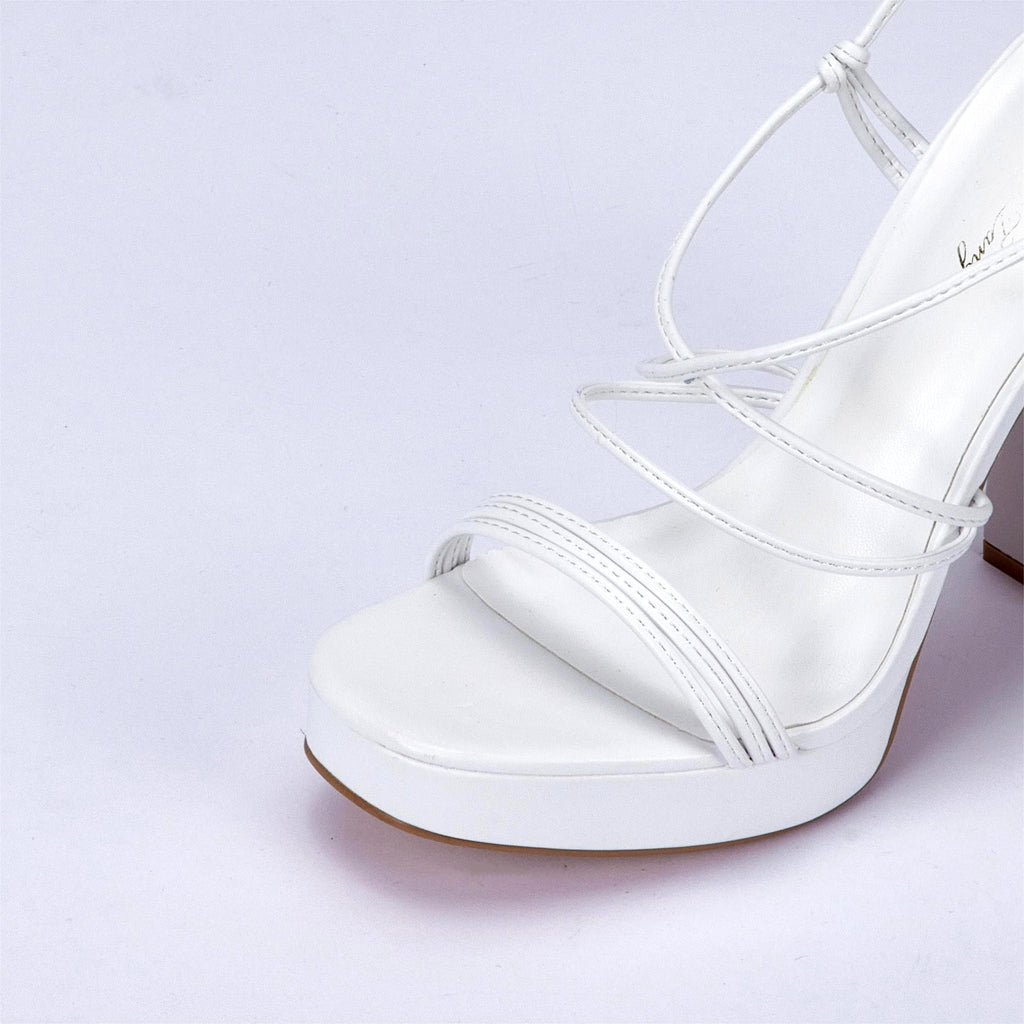 Elisabet Tang Women's Strappy Heeled Sandals, 5 inch Platform Heels Chunky Lace up High Heels Open Toe Party Shoes White Patent