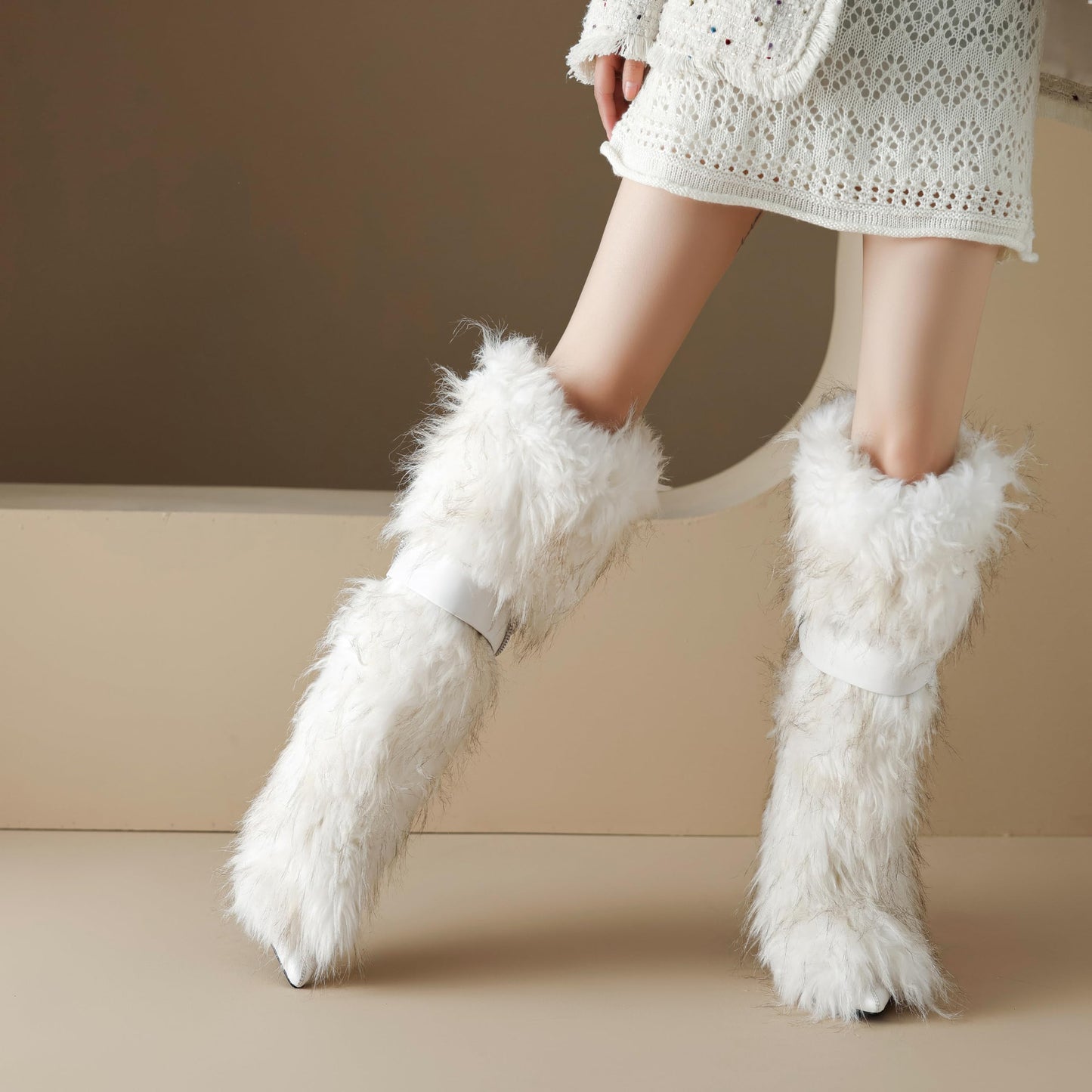 Ouwilov Women’s White Faux Fur High Heel Boots – Furry Heel Boots with Chain Detail Fuzzy Stiletto Heels Elegant Winter Fur Boot Heels for Parties Fashion Outfits and Cold Weather