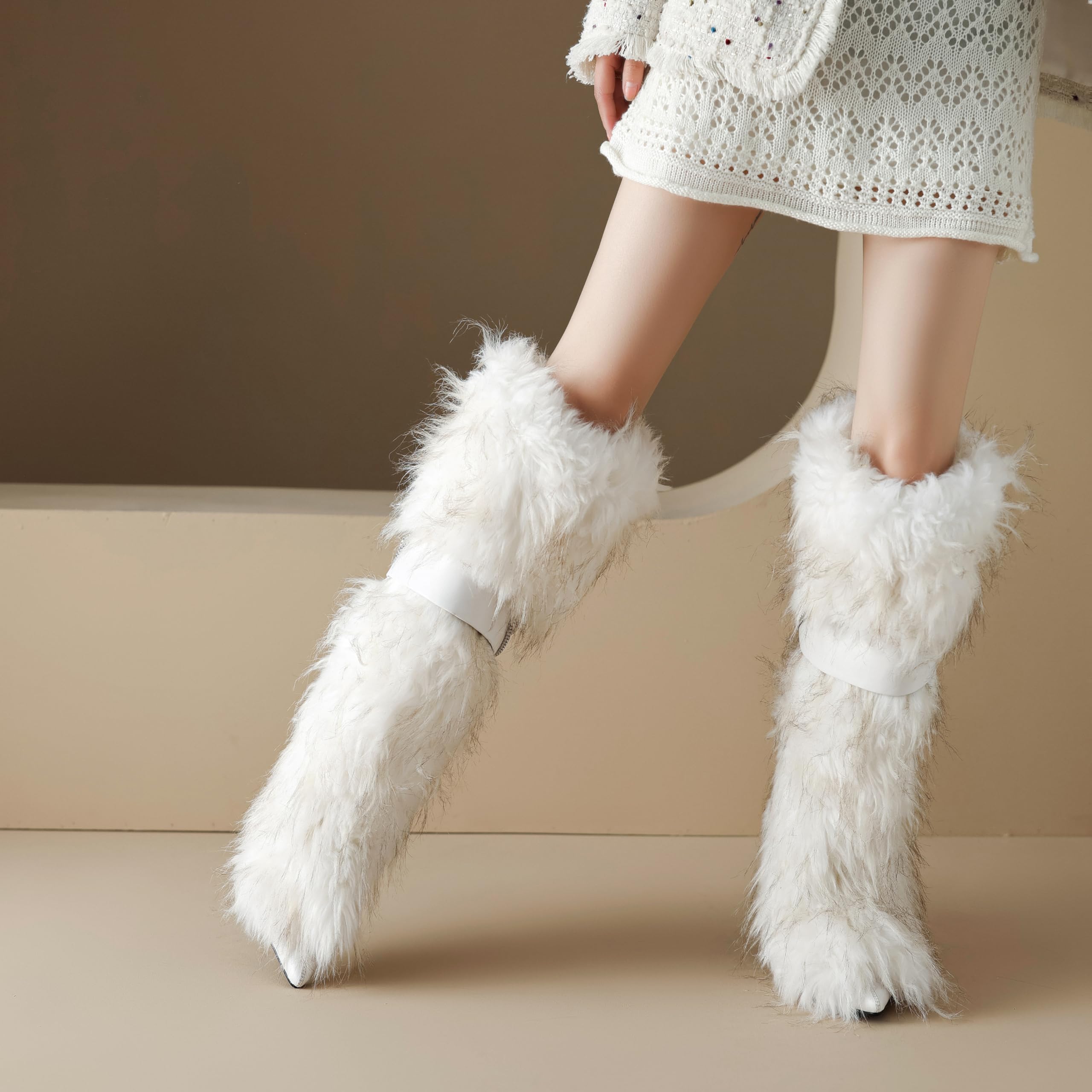 Ouwilov Women’s White Faux Fur High Heel Boots – Furry Heel Boots with Chain Detail, Stretch Knit Inner Shaft, Elegant Winter Fur Heels for Parties & Cold Weather Fashion