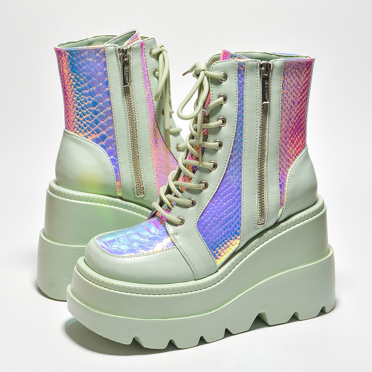 Holographic Platform Ankle Boots for Women Chunky Block Heels Pointed Toe PU Leather with Buckle Strap Retro Futuristic Style (Radio) - Sage Size 11