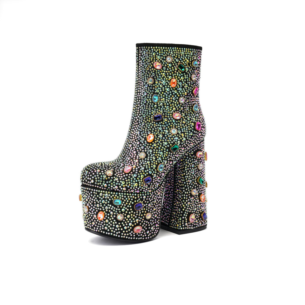 Black Tsrenlmln Platform Mid Calf Boots Rhinestone Boot