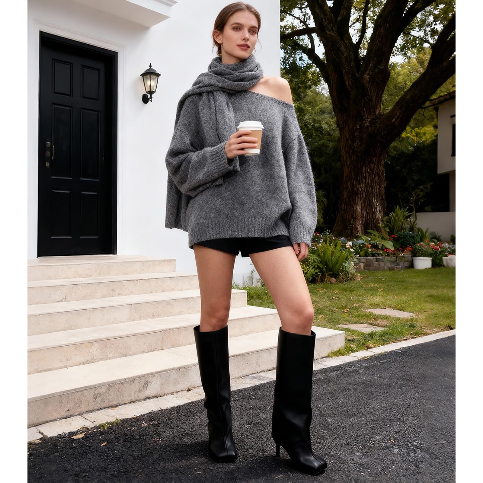 VOZTOLLS Black Knee High Boots for Women Square Toe Leather High Heel Tall Boots Stylish Casual Wide Calf Fall Boots Black