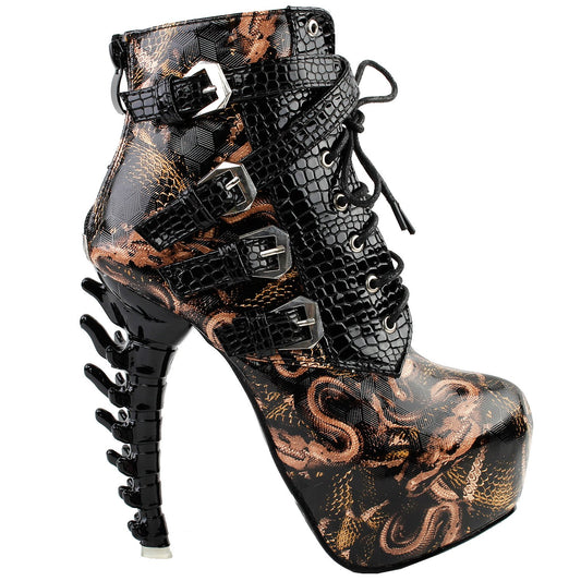 SHOW STORY Black Punk Design High Heels Brown Snake Pattern Women's High-top Bone High Heel Platform Ankle Boots,LF80648BR41,10US,Black