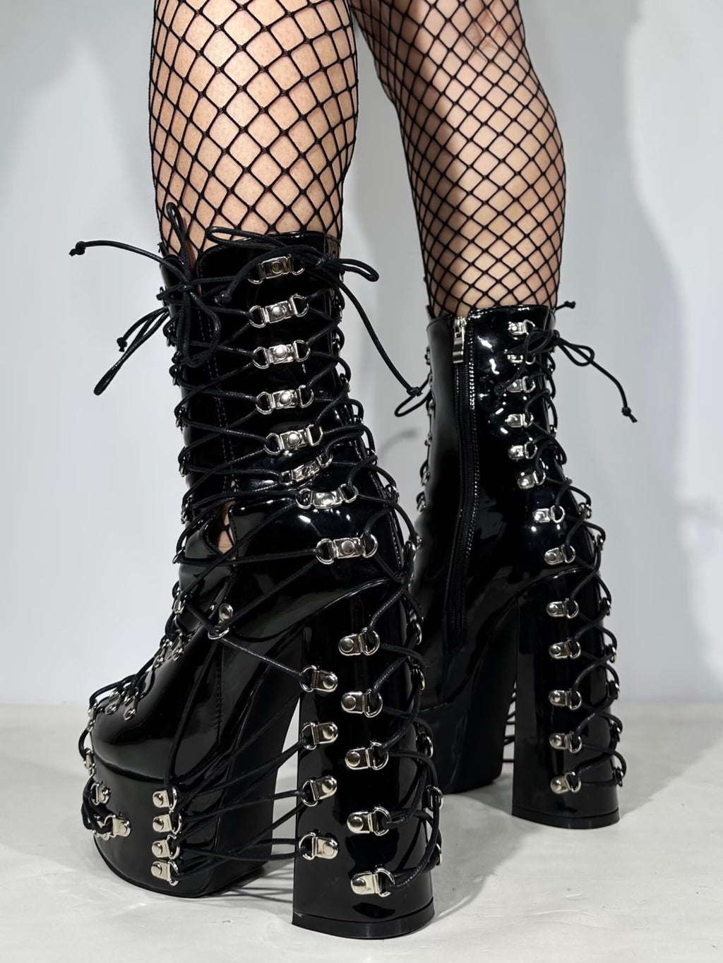 Frankie Hsu Handmade Goth Chunky Platform Ankle High Heeled Bootie, Lace Up Black Patent Silver Buckle Punk Gothic Y2K Hot Cool Girl Big Large Size Shoes For Women Men