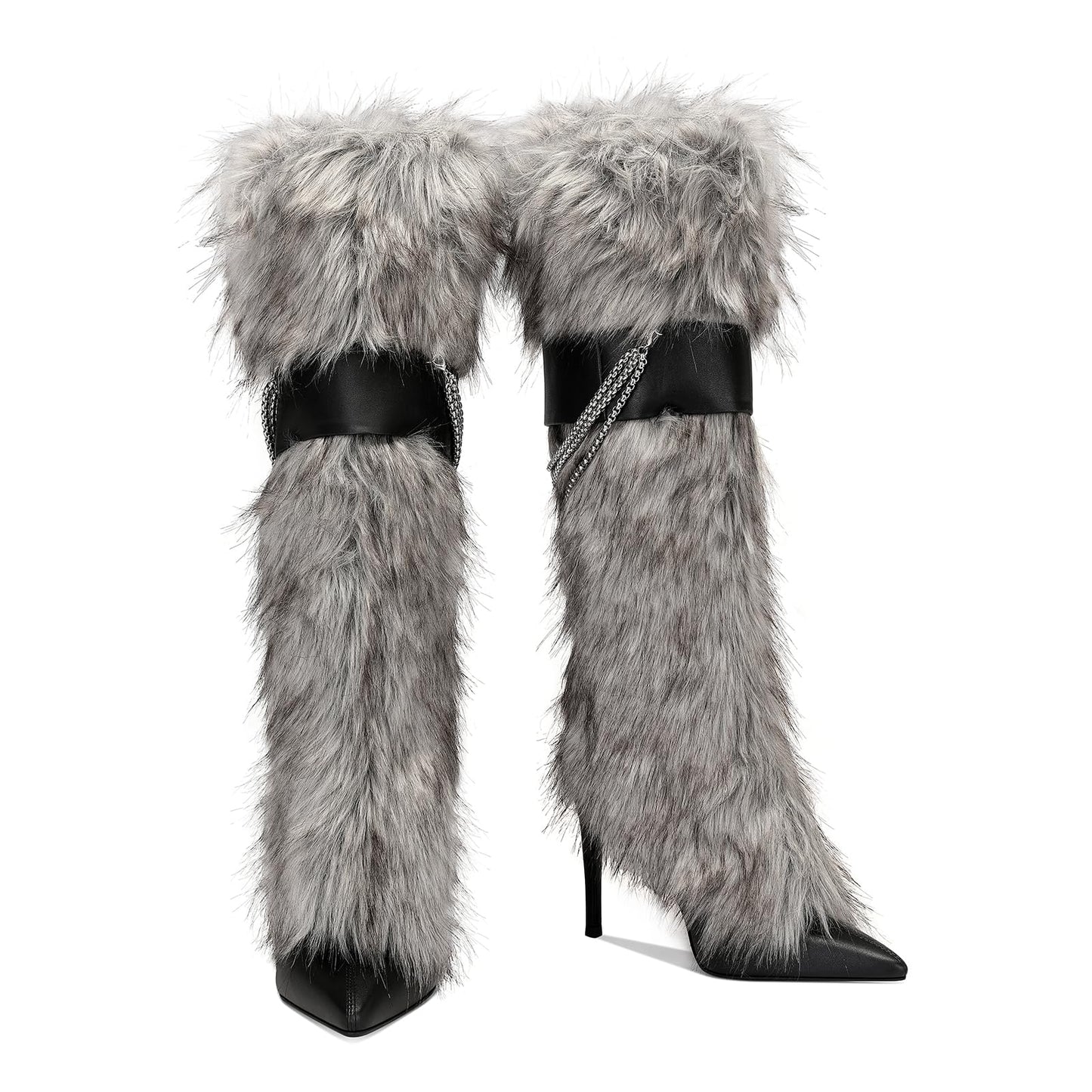Ouwilov Women’s Gray Faux Fur High Heel Boots – Furry Heel Boots with Chain Detail Fuzzy Stiletto Heels Elegant Winter Fur Boot Heels for Parties Fashion Outfits and Cold Weather