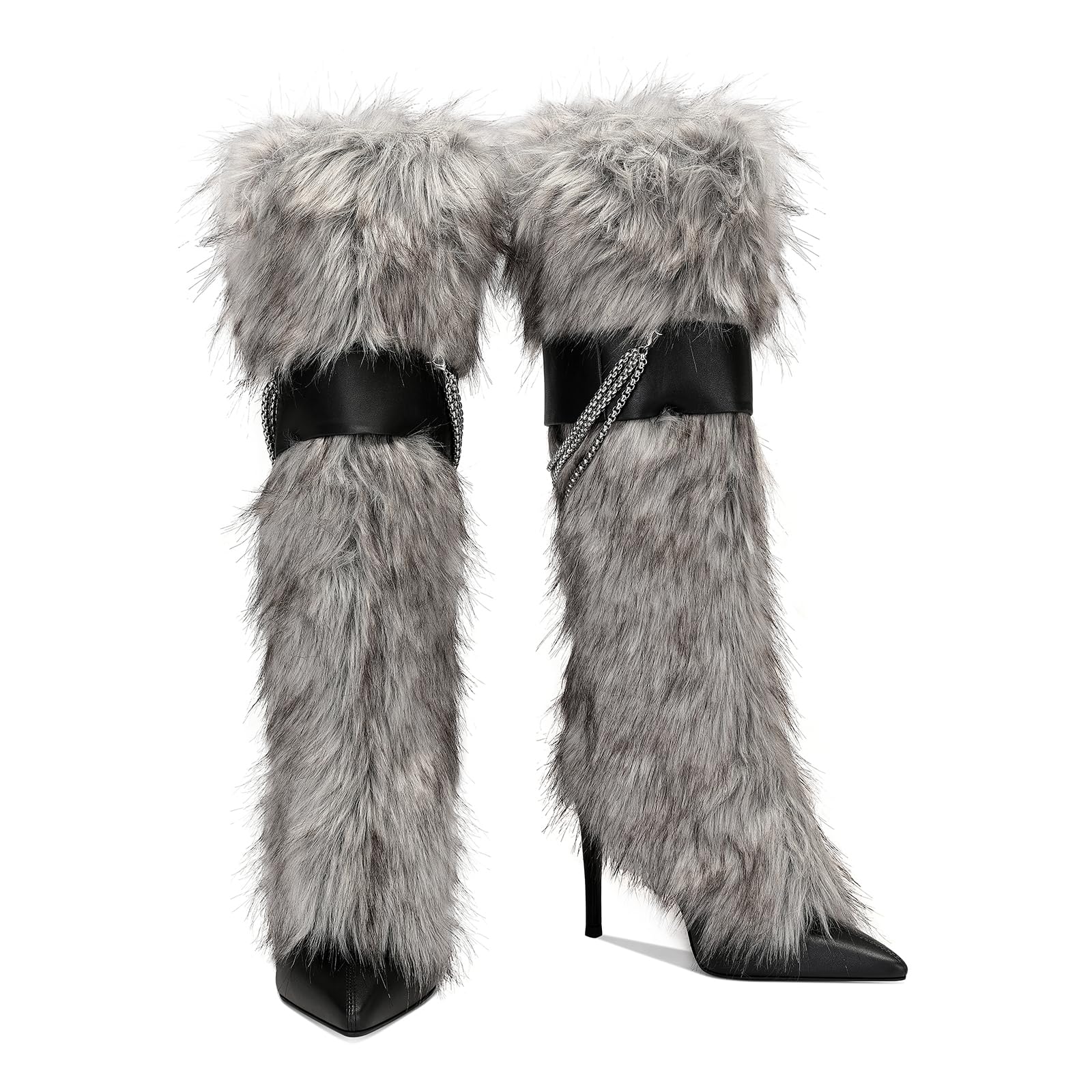 Ouwilov Women’s Gray Faux Fur High Heel Boots – Furry Stiletto Boots with Chain Detail & Stretch Knit Inner Shaft Elegant Winter Fur Boot Heels for Fashion Outfits & Cold Weather
