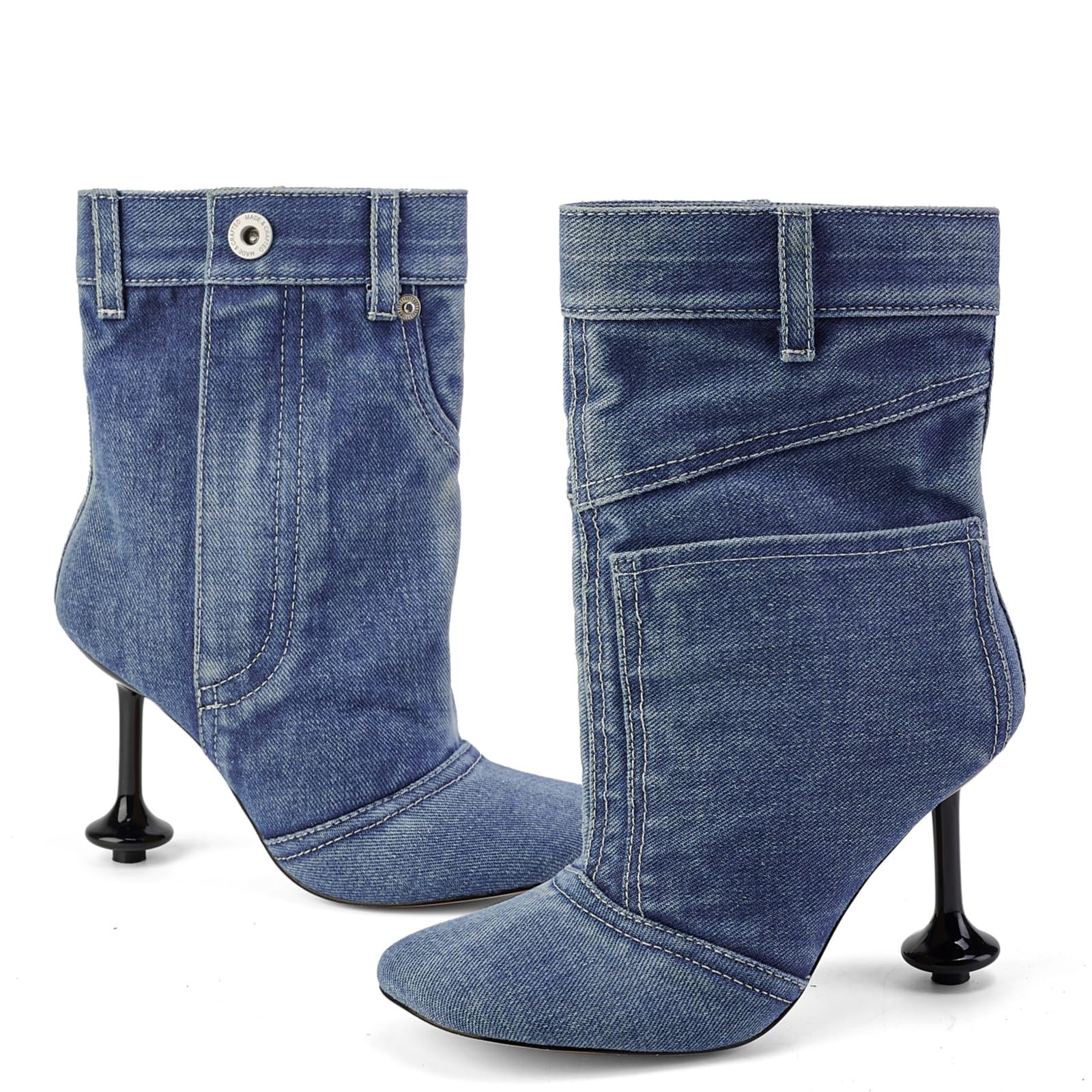 Fuazuzu Vintage Denim Stiletto High Heeled Cowboy Pockets Boots for Women, Mid Wide Calf Round Toe with Metal Button for Fashion Dress Booties,Blue 8