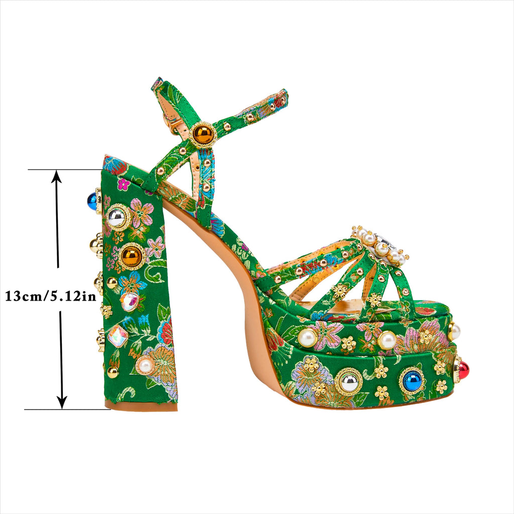 Green Feinlina Women Rhinestone High Chunky Platform Heel