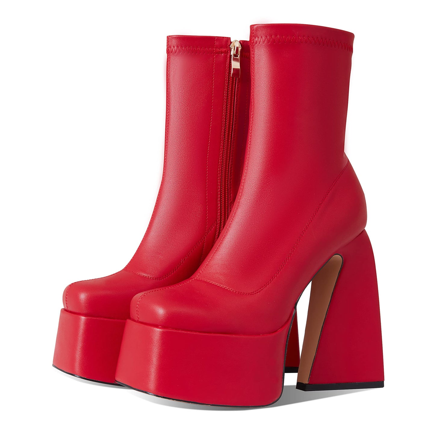 Uacllcau Red Platform Boots for Women Mid Calf Square Toe Chunky High Heel Boots Side Zipper Ankle Booties