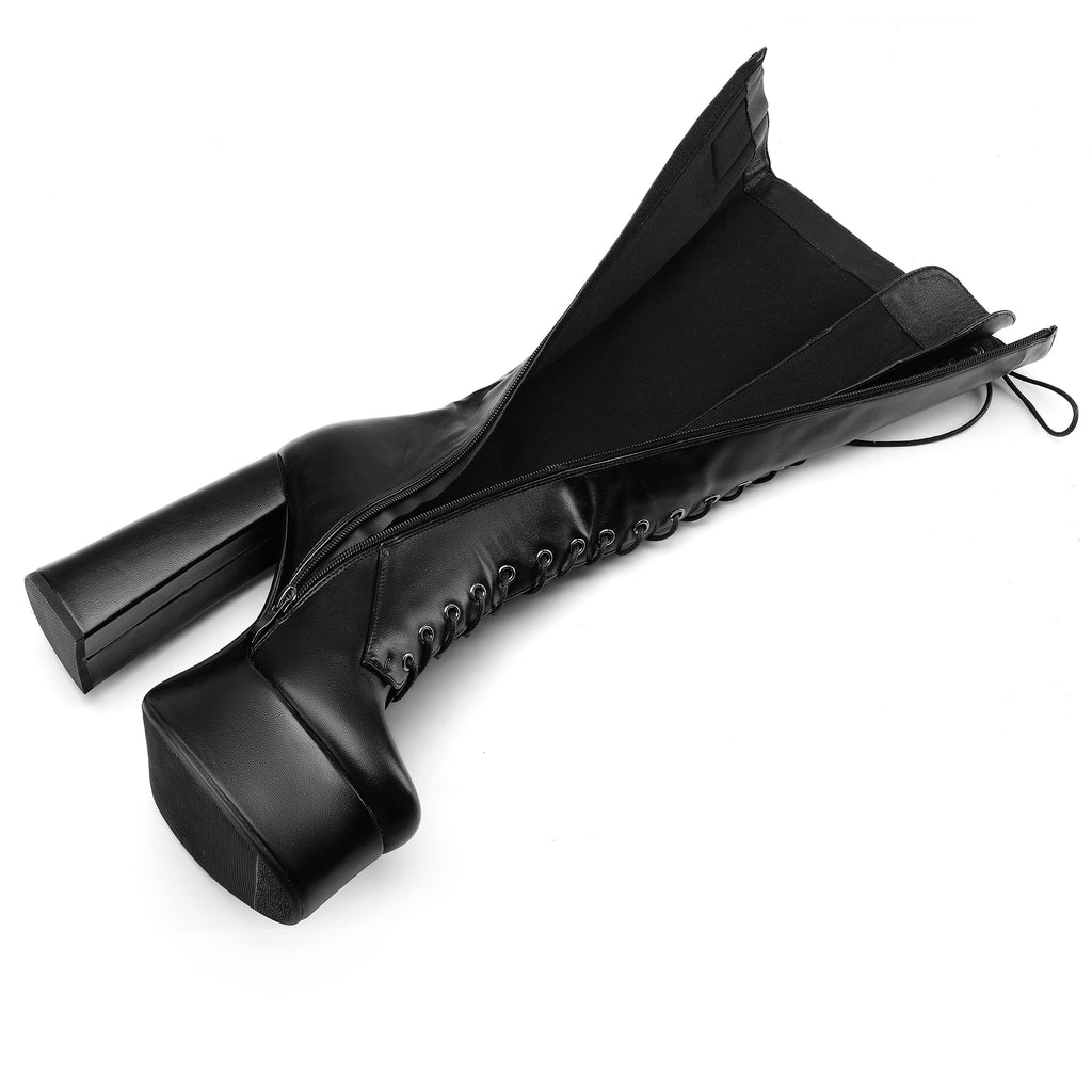 Black Perisis Women's High Chunky Heel Platform Knee High Boots