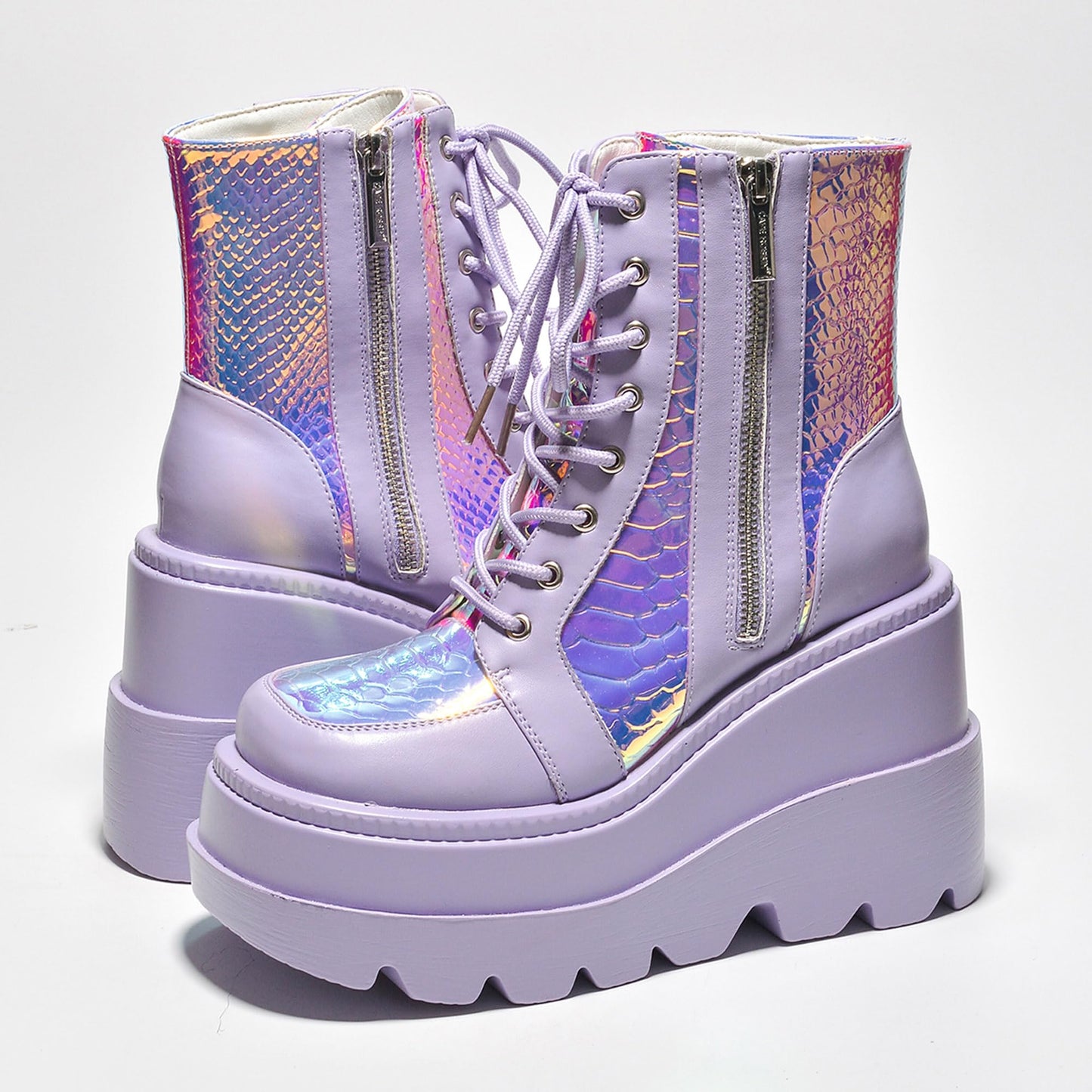 Cape Robbin Holographic Platform Ankle Boots for Women Chunky Block Heels Pointed Toe PU Leather with Buckle Strap Retro Futuristic Style (Radio) - Lilac Size 10