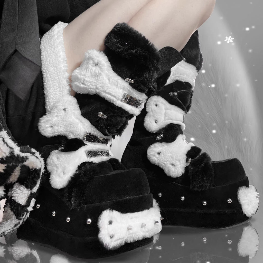 GURURU Womens Goth Boots with Bone Shape Elements Mid Calf Boots Chunky High Heel Punk Goth with Warm Fur Platform Boots (black, Adult, Women, 8, Numeric, US Footwear Size System, Medium)