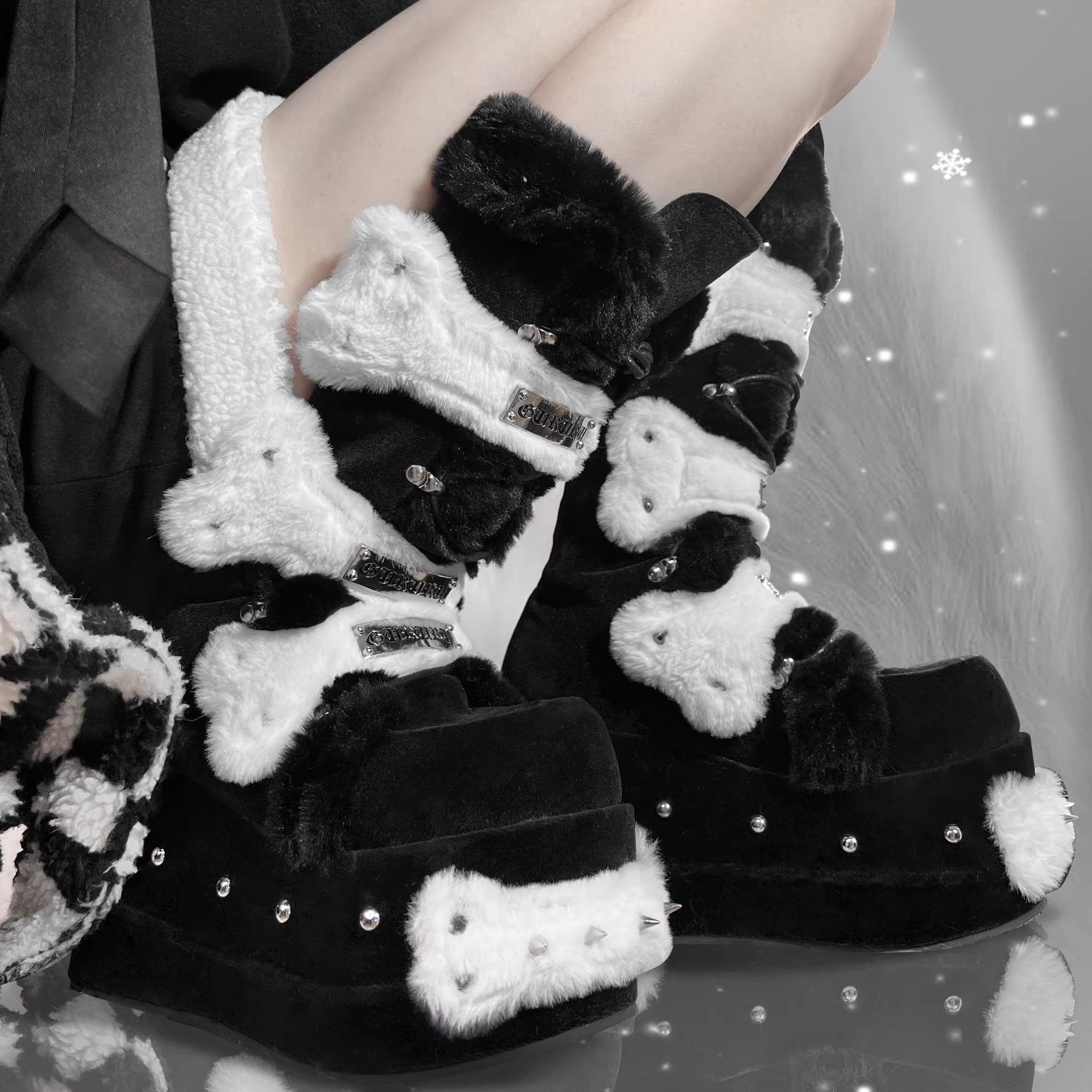 GURURU Womens Goth Boots with Bone Shape Elements Mid Calf Boots Chunky High Heel Punk Goth with Warm Fur Platform Boots (black, Adult, Women, 8, Numeric, US Footwear Size System, Medium)
