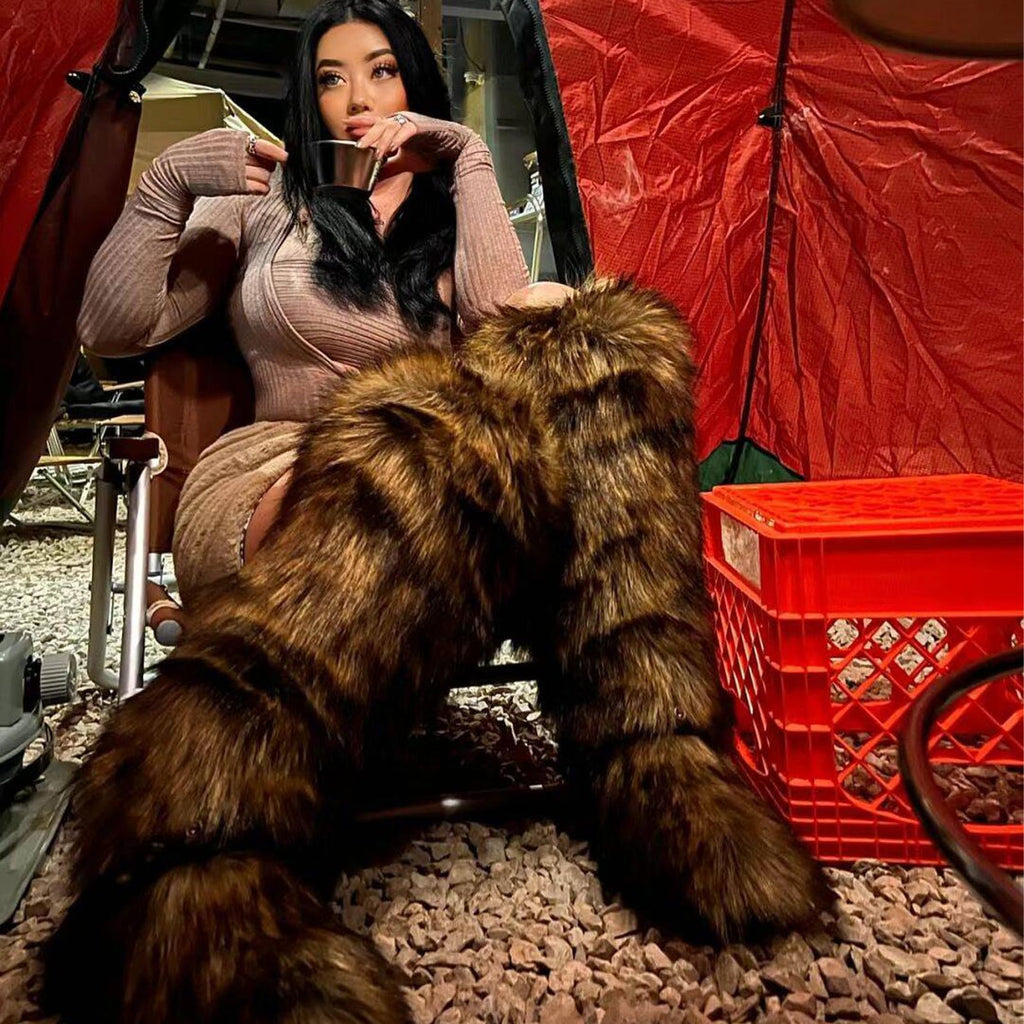 Valpeak Womens Faux Fur Boot Winter Fluffy Long Furry Boots for Girls Outdoor Fuzzy Knee-High Boots(Brown,