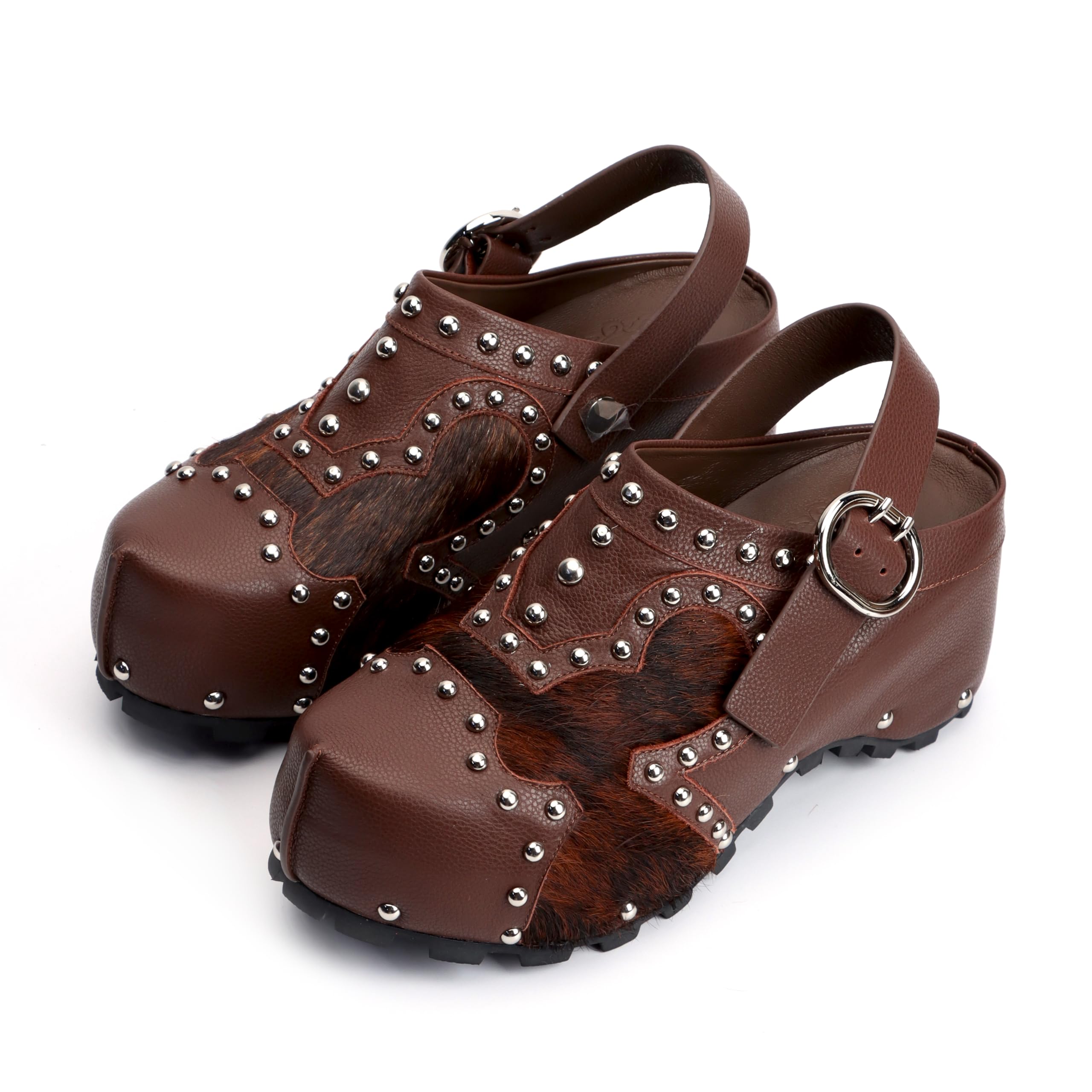 XOBZJH Platform Clogs for Women with Arch Support – Natural Calf Hair & Leather Patchwork Upper, Adjustable Strap, Leather-Lined Slip-On Mules for Flat Feet, Vintage Rivet Design