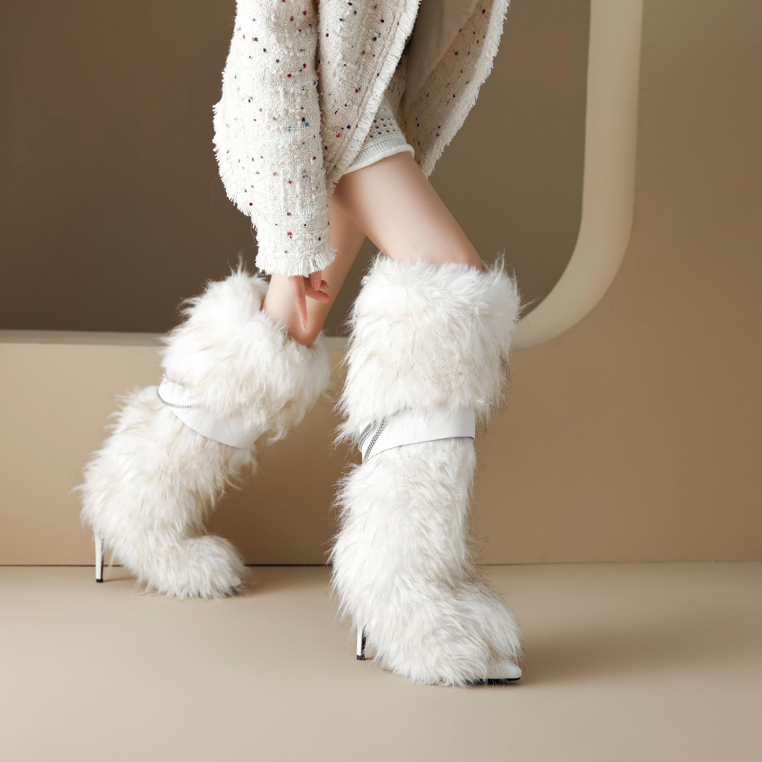 Ouwilov Women’s White Faux Fur High Heel Boots – Furry Heel Boots with Chain Detail, Stretch Knit Inner Shaft, Elegant Winter Fur Heels for Parties & Cold Weather Fashion