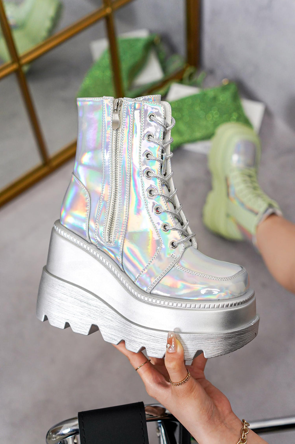 Cape Robbin Holographic Platform Ankle Boots for Women Chunky Block Heels Pointed Toe PU Leather with Buckle Strap Retro Futuristic Style (Radio) - Holographic Size 11